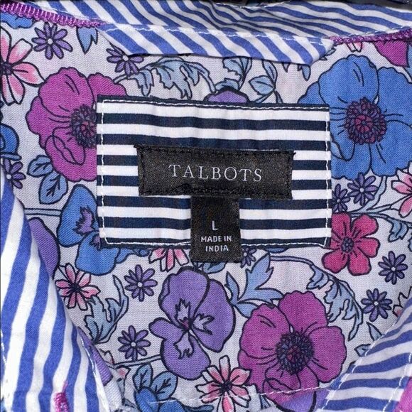 TALBOTS L White Blue Purple Poppy Ditsy Long Sleeve Modern Classic Cotton Shirt - Picture 14 of 15